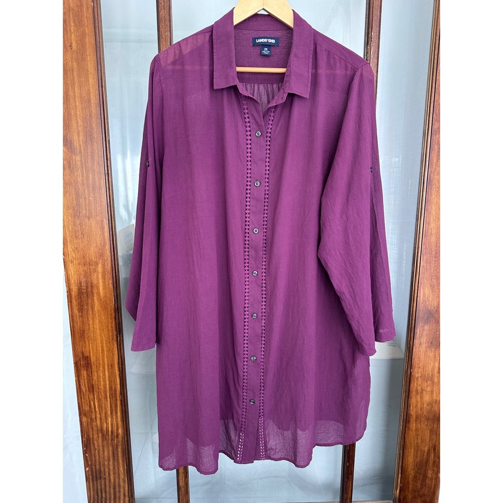 Lands End Womens 2X Purple Cotton Voile Roll Tab Sleeve Lace Trim Tunic Blouse